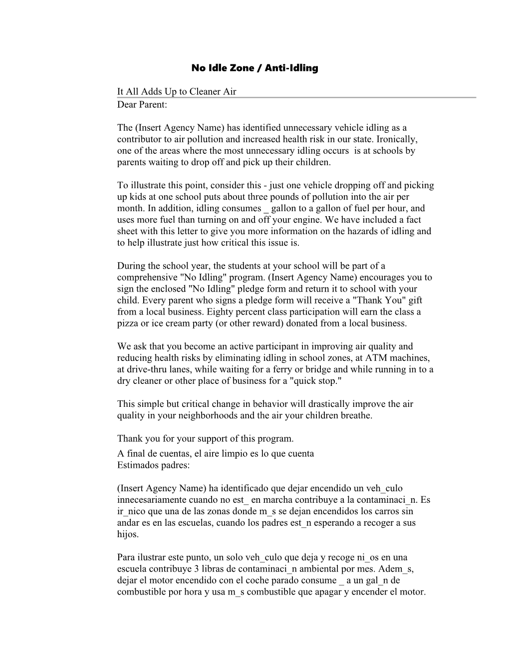 Air Watch Northwest Anti Idling Letter to Parent Eng to Spanish