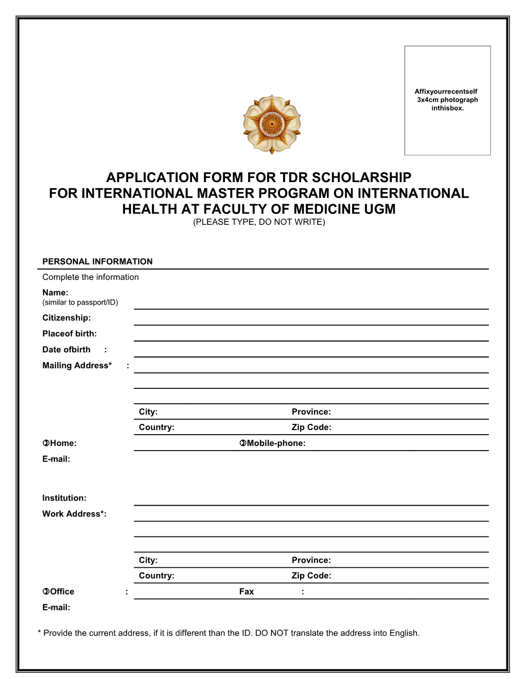 Tdr Scholarship Applicationform for International Master Program on International Health