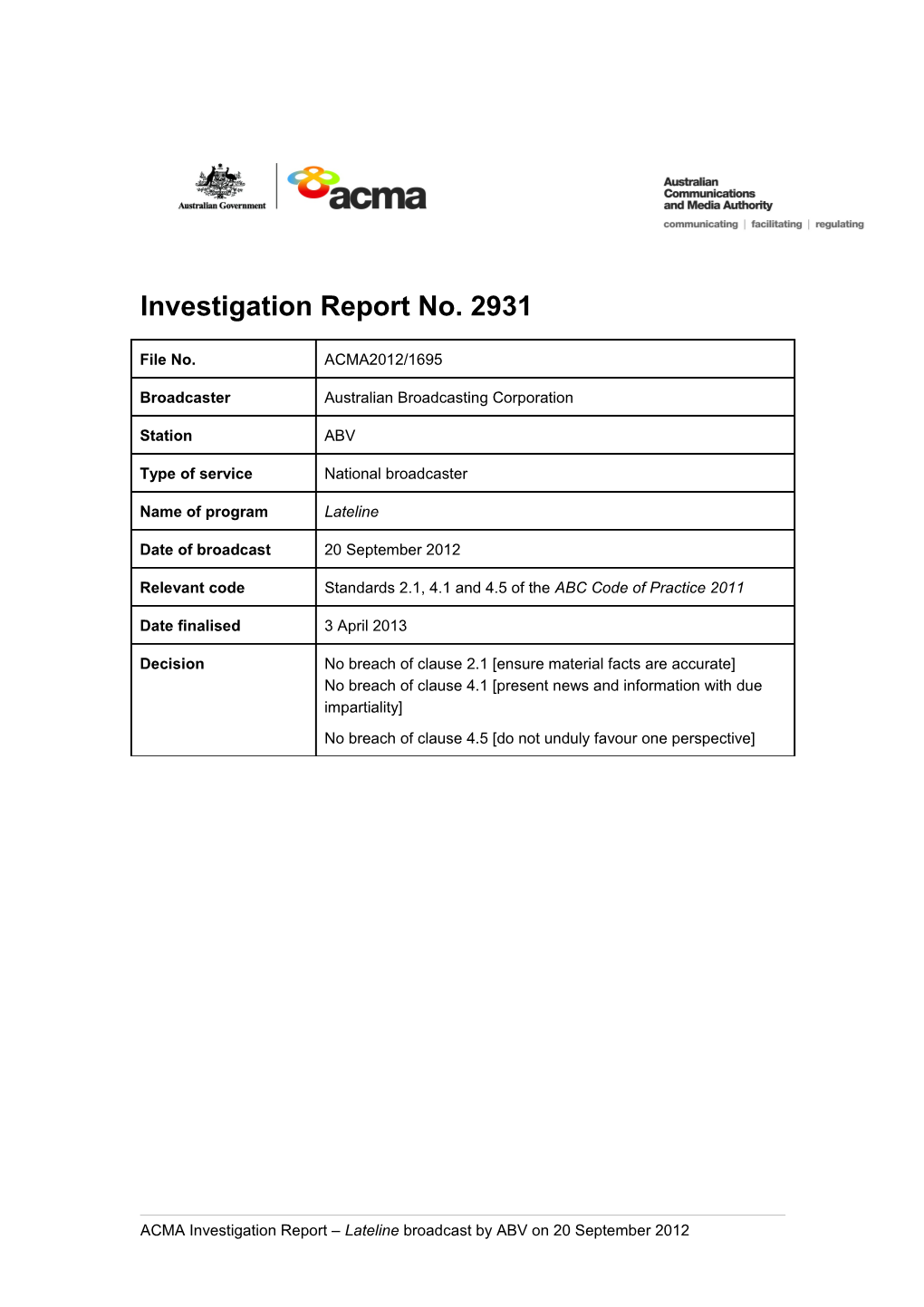 ABV - ACMA Investigation Report 2931