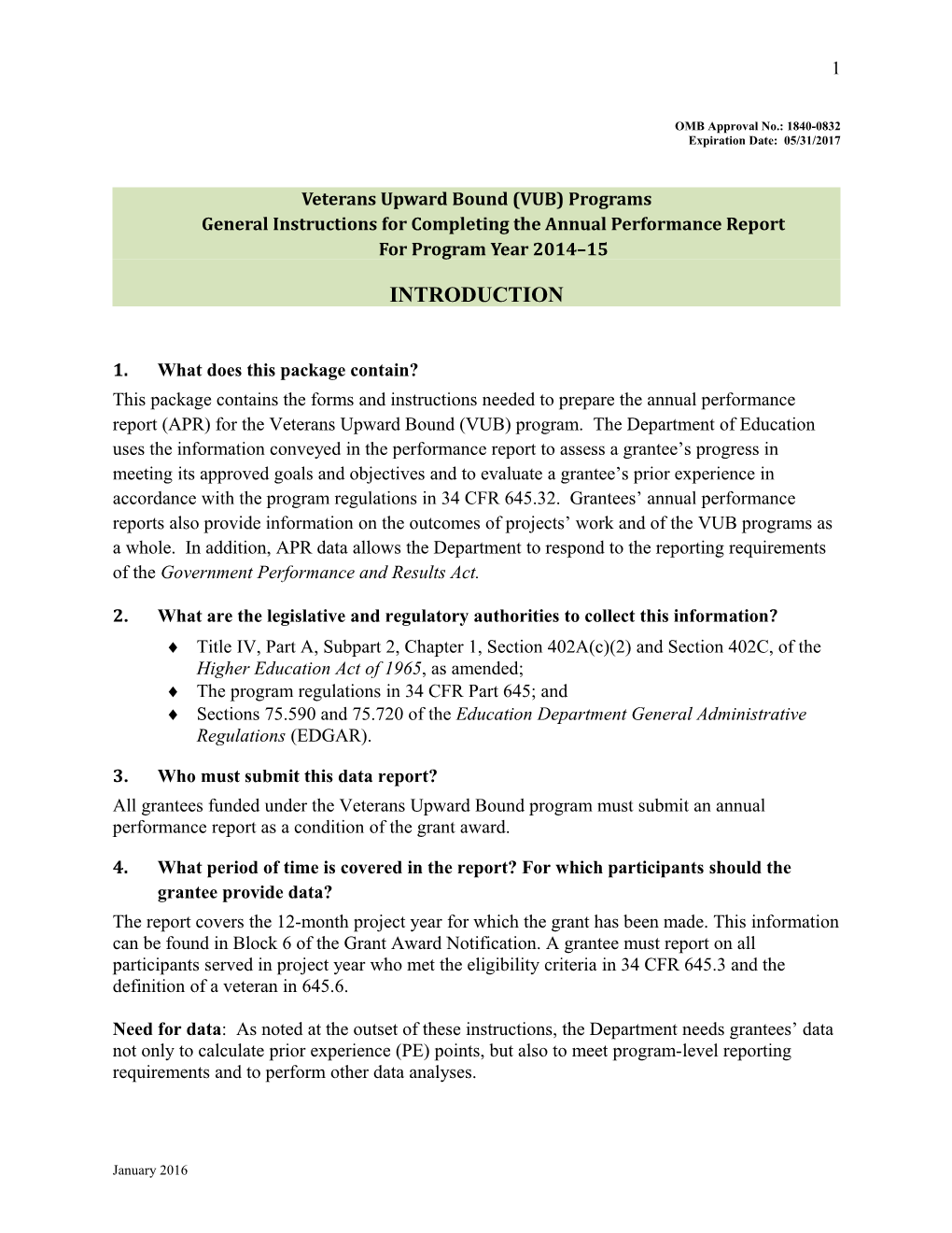 2014-2015 Annual Performance Report Instructions for the Veterans Upward Bound Program (MS Word)