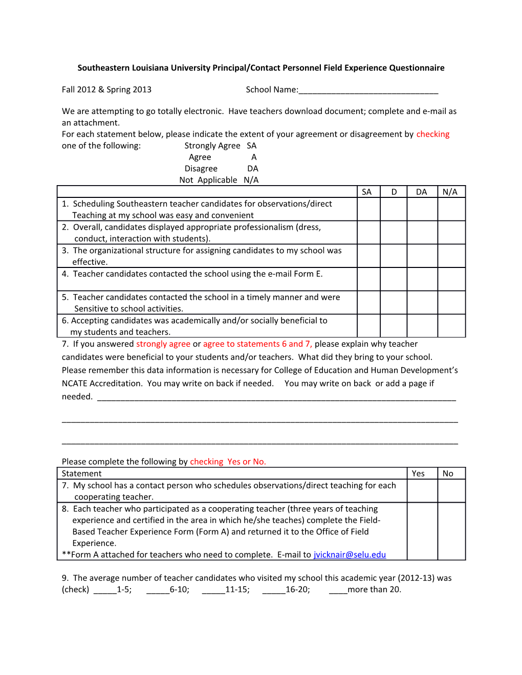 Southeastern Louisiana University Principal/Contact Personnel Field Experience Questionnaire