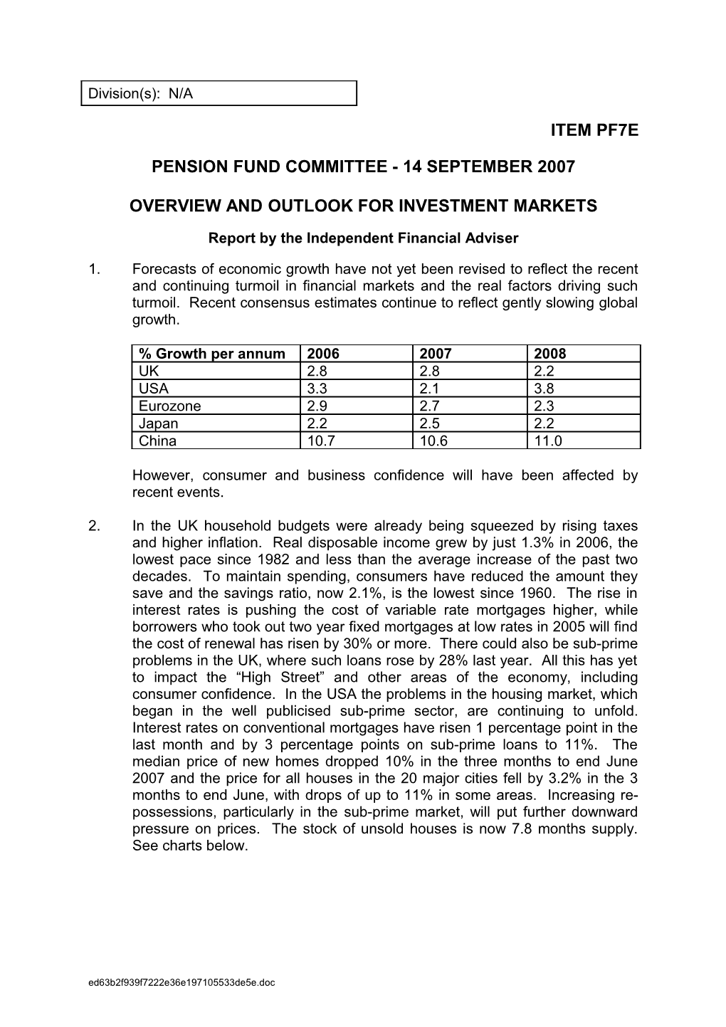 Pension Fund Committee - 14 September 2007