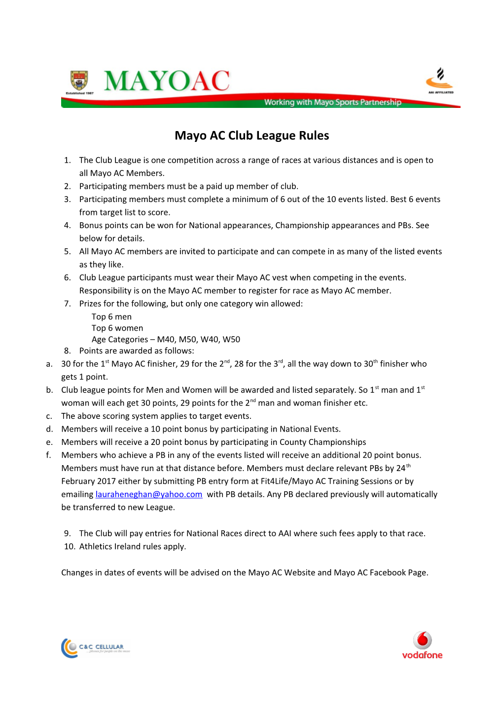 Mayo AC Club League Rules