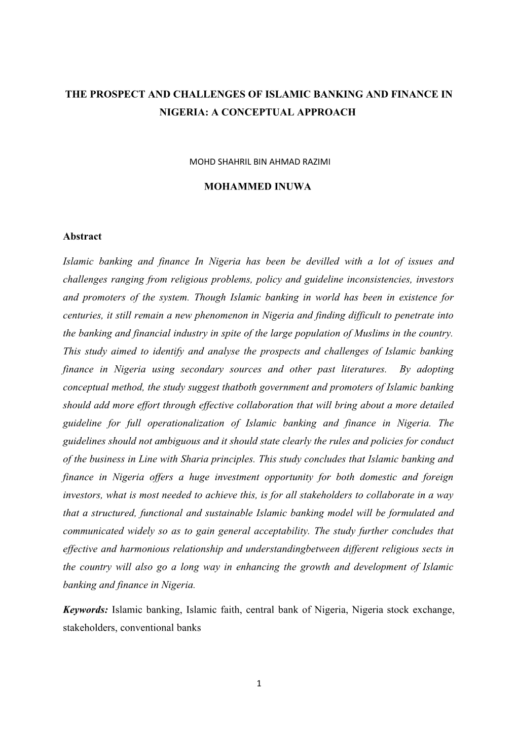 The Prospect and Challenges of Islamic Banking and Finance in Nigeria: a Conceptual Approach