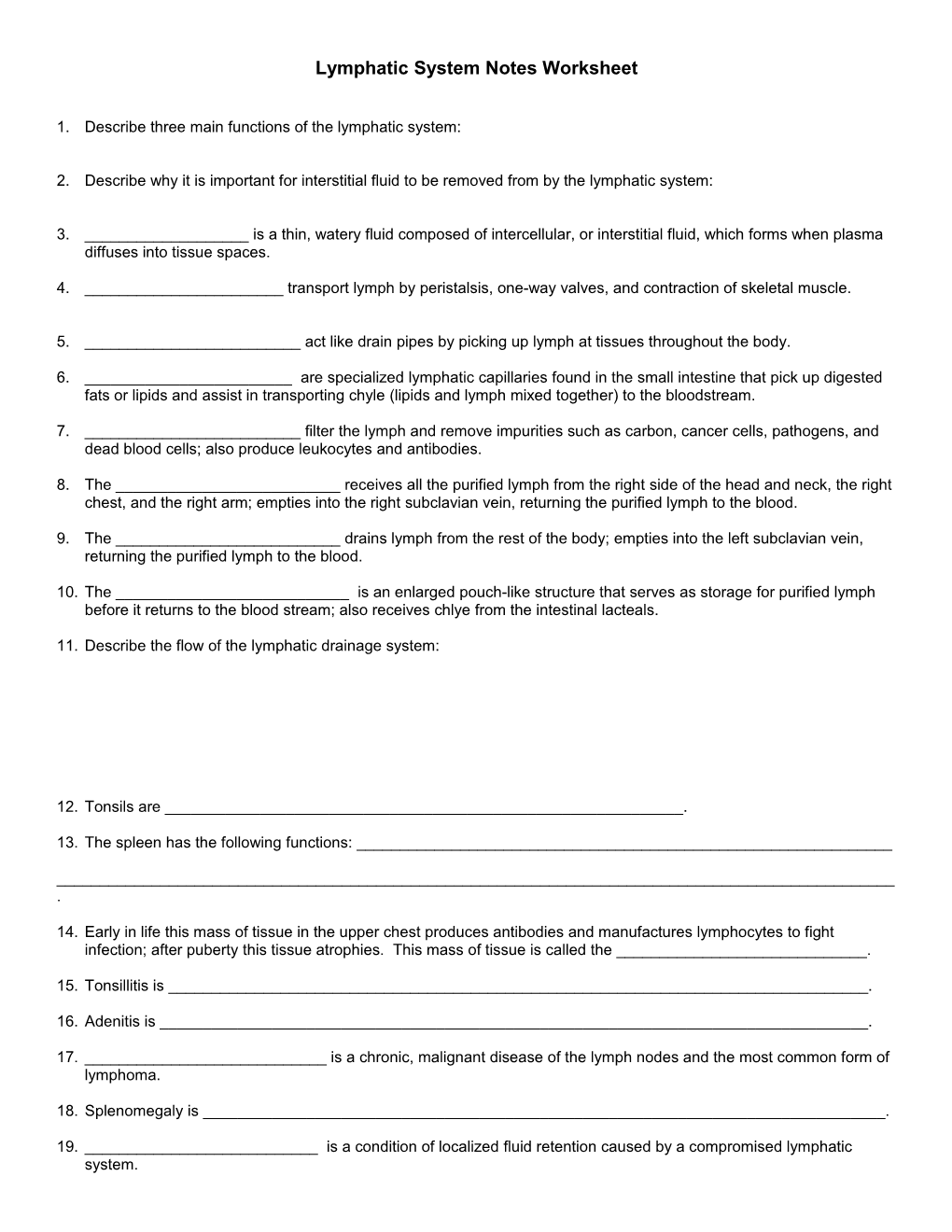 Lymphatic System Notes Worksheet