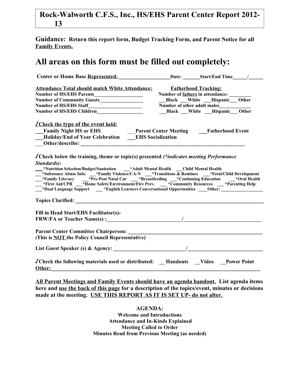 Rock/Walworth HS/EHS Parent Center Report Form