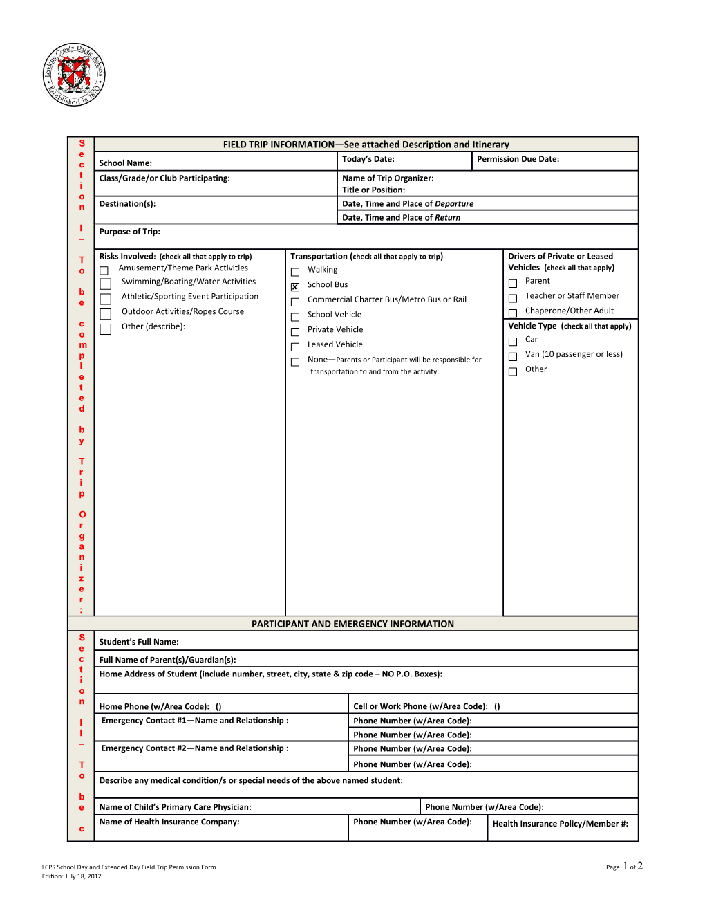 LCPS School Day and Extended Day Field Trip Permission Form Page 1 of 1