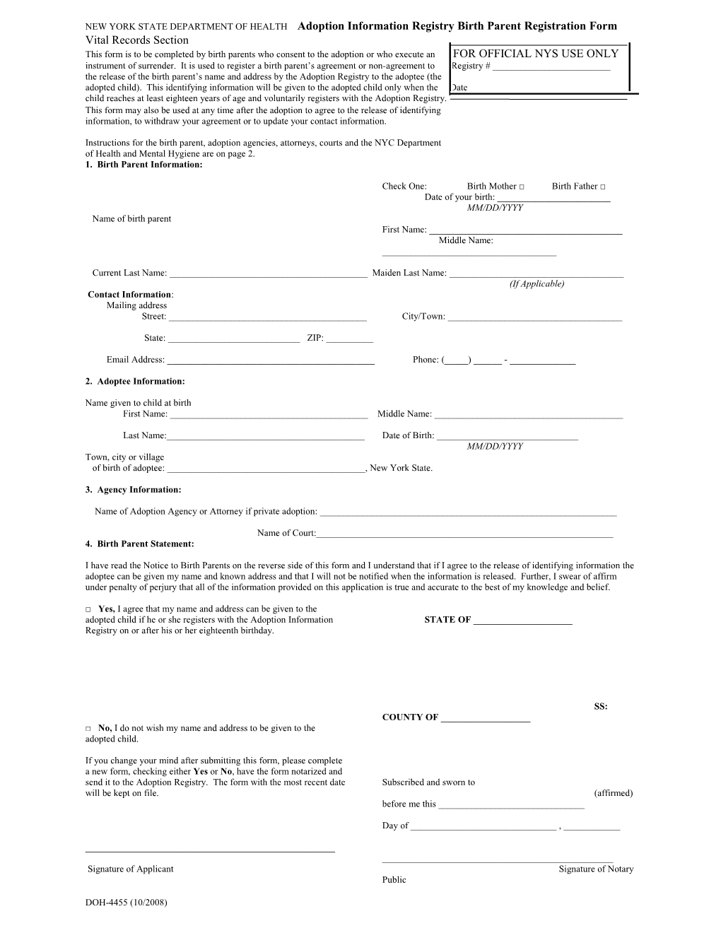 NEW YORK STATE DEPARTMENT of HEALTH Adoption Information Registry Birth Parentregistration Form