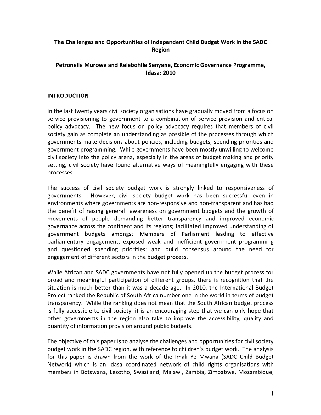 The Challenges and Opportunities of Independent Child Budget Work in the SADC Region