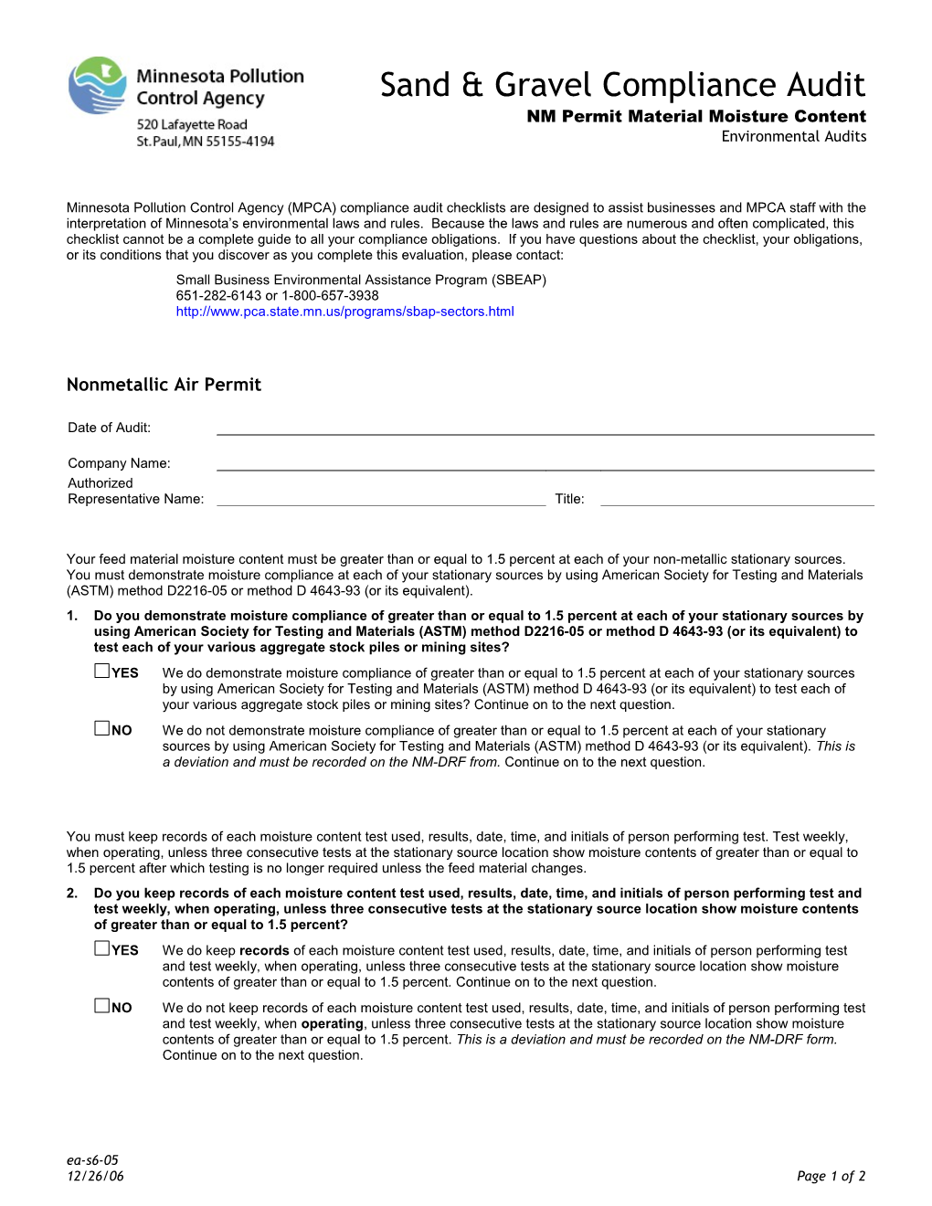 Sand and Gravel Compliance Audit - NM Permit Material Moisture Content - Environmental