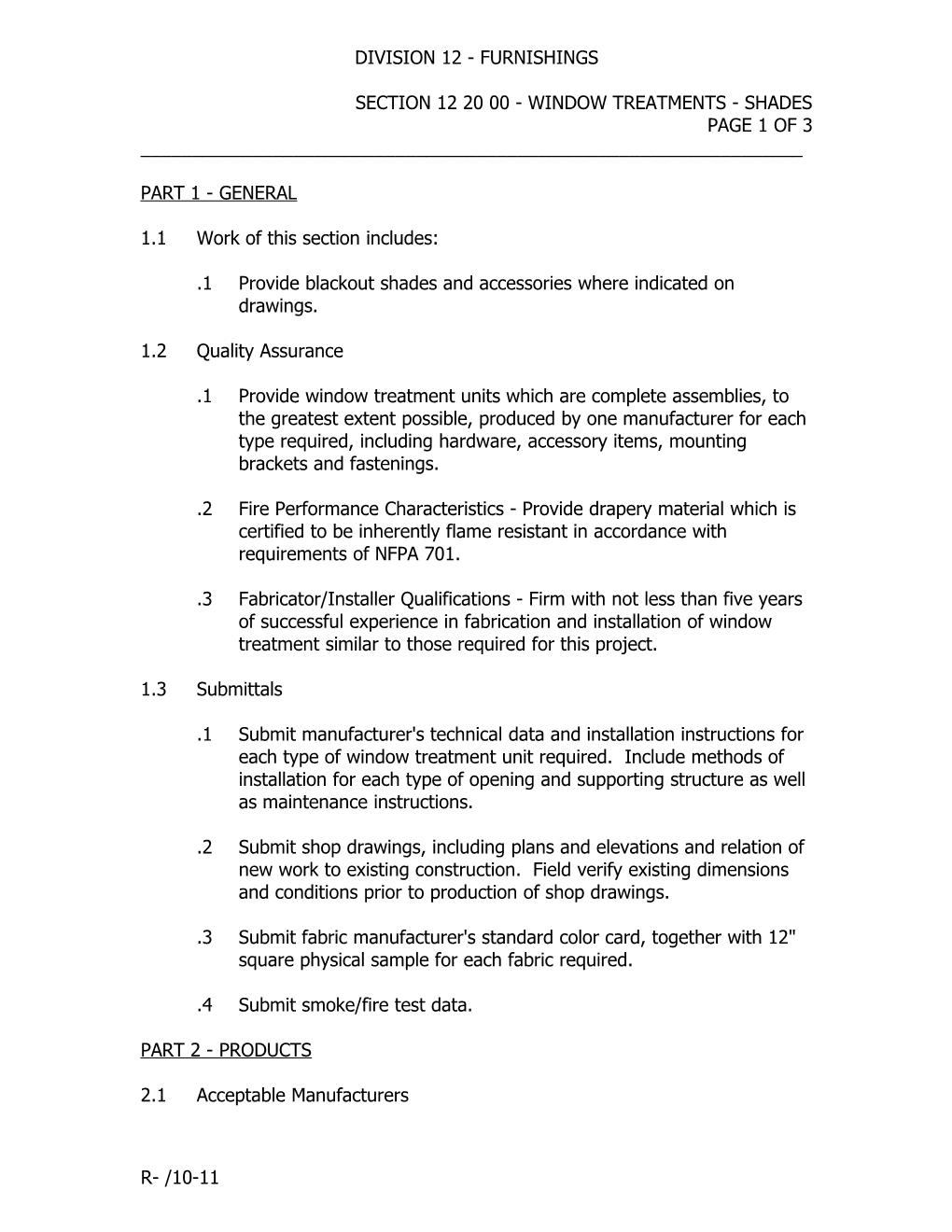 Section 12 20 00 - Window Treatments - Shades