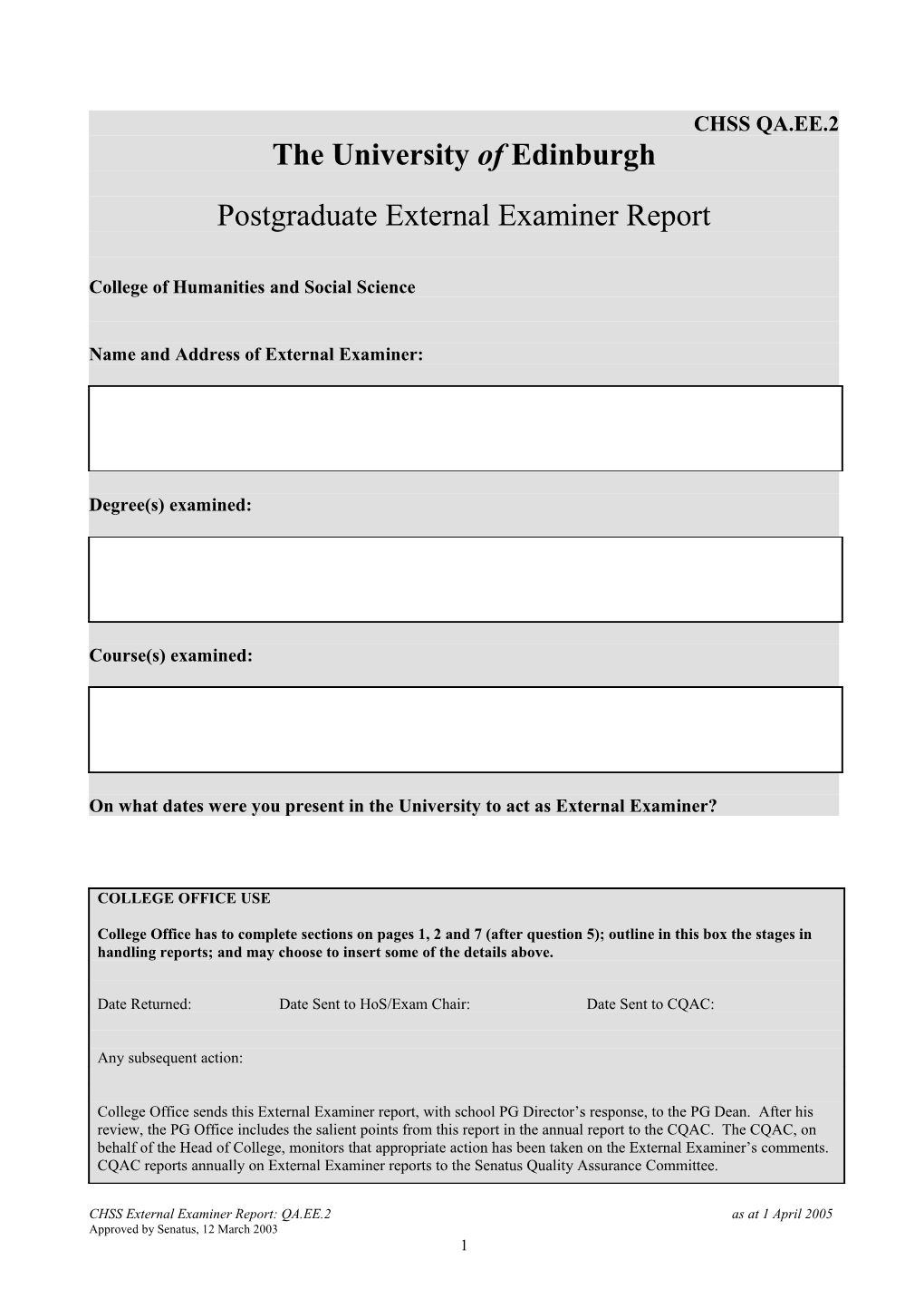 Postgraduate External Examiner Report