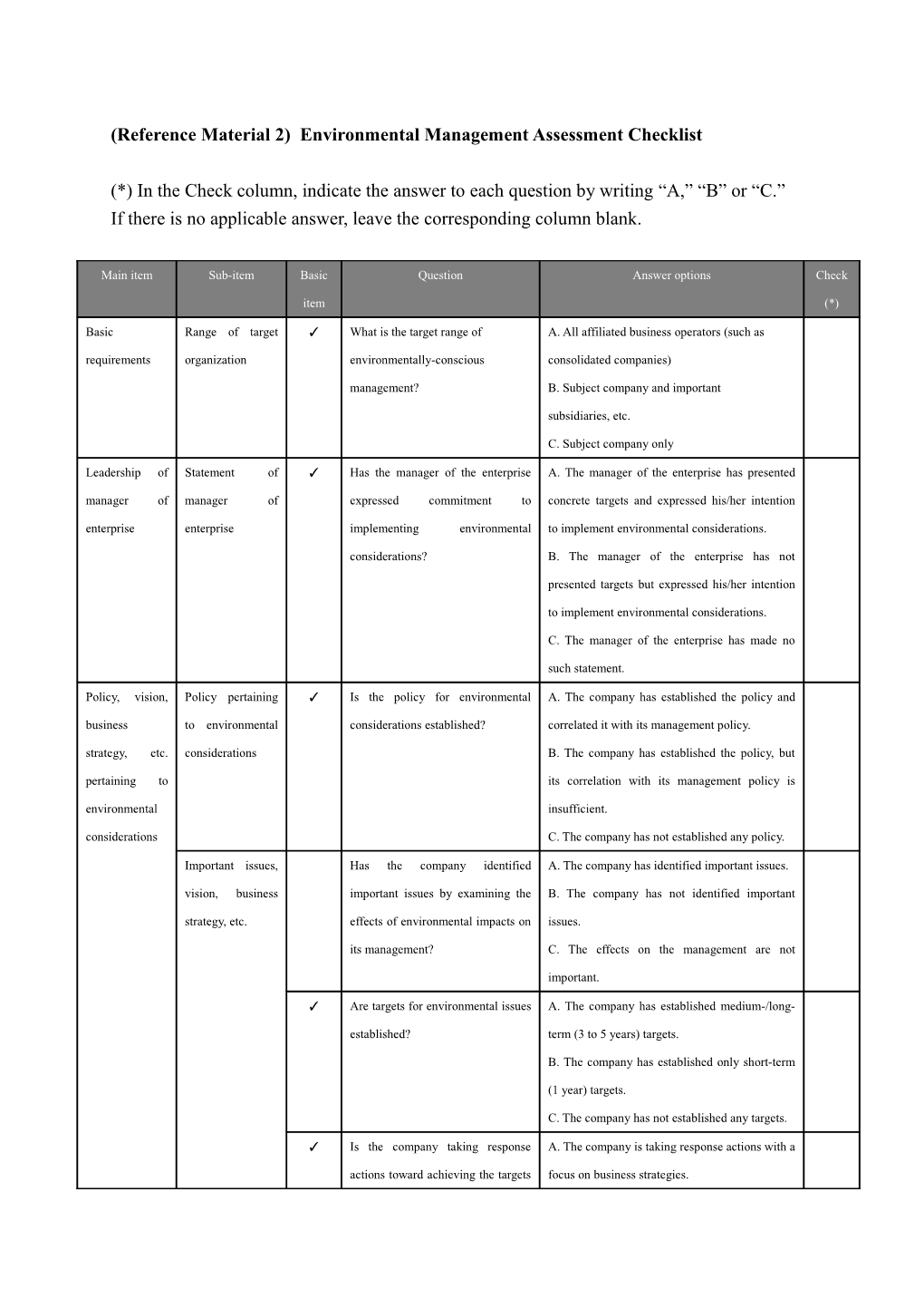 (Reference Material2) Environmental Management Assessment Checklist
