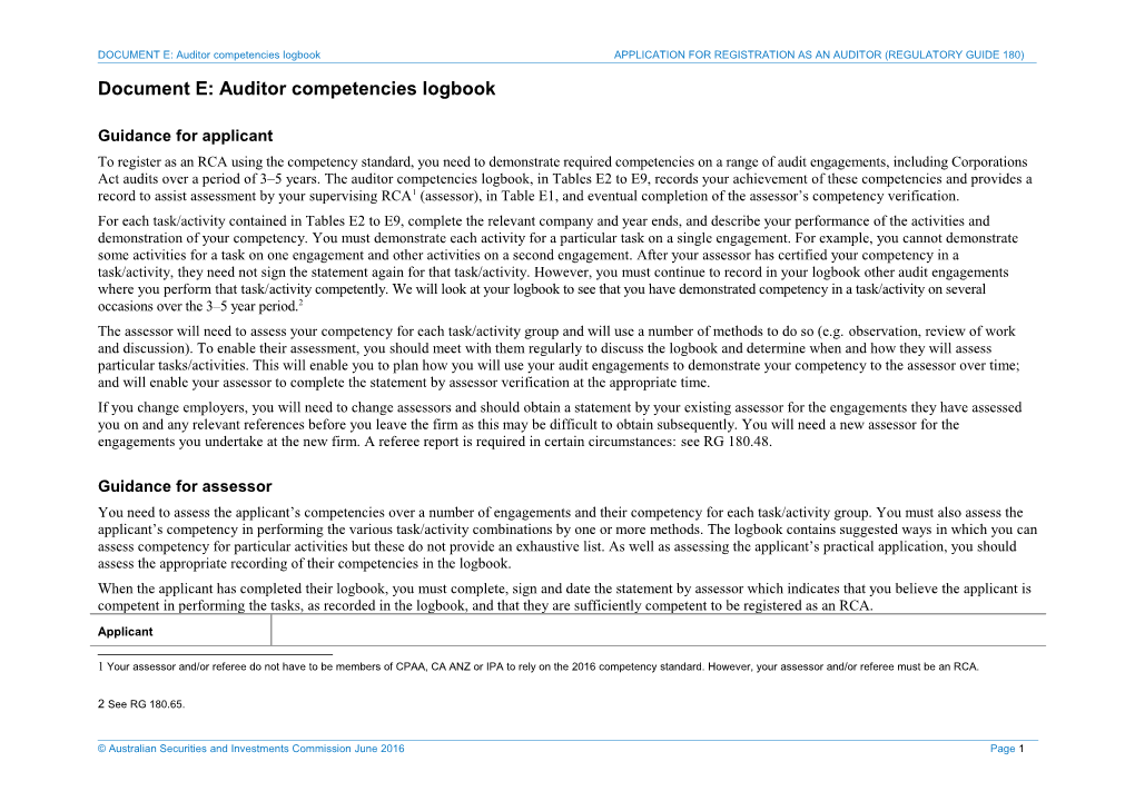 Document E: Auditor Competencies Logbook