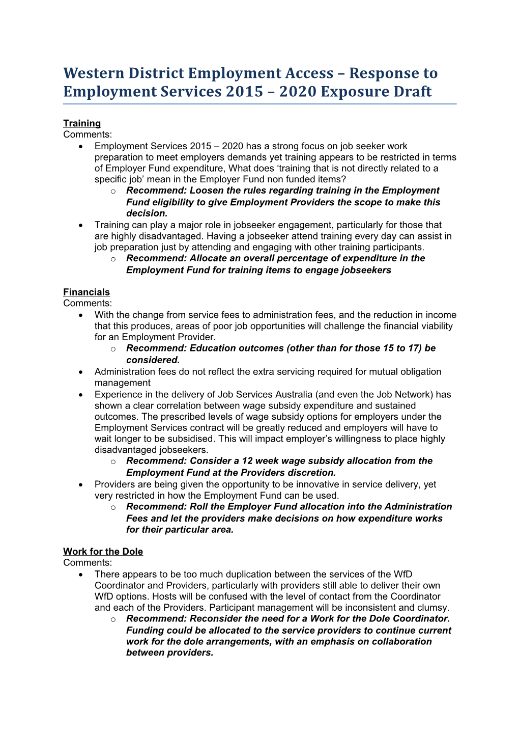 Western District Employment Access Response to Employment Services 2015 2020 Exposure Draft