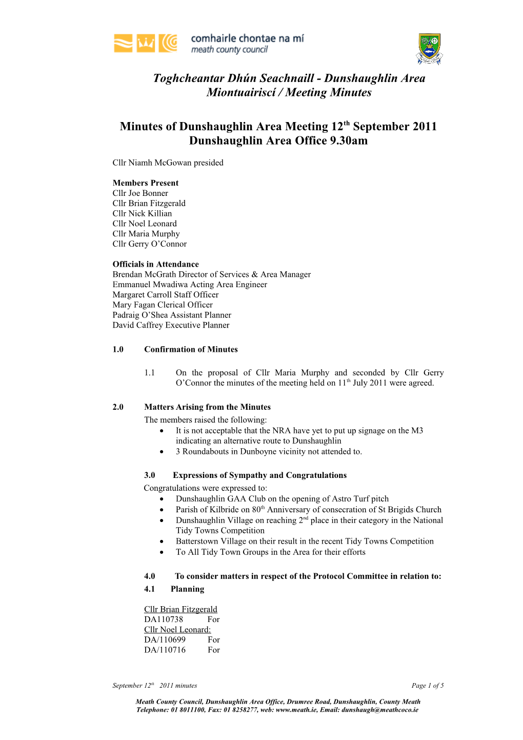 Minutes of Dunshaughlin Area Meeting 12Th September 2011
