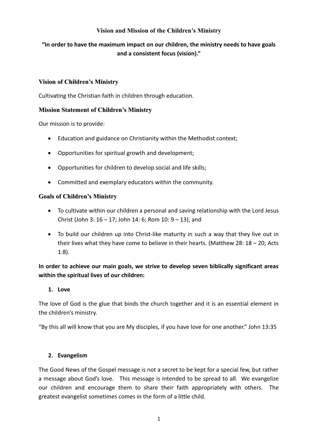 Vision and Mission of the Children S Ministry