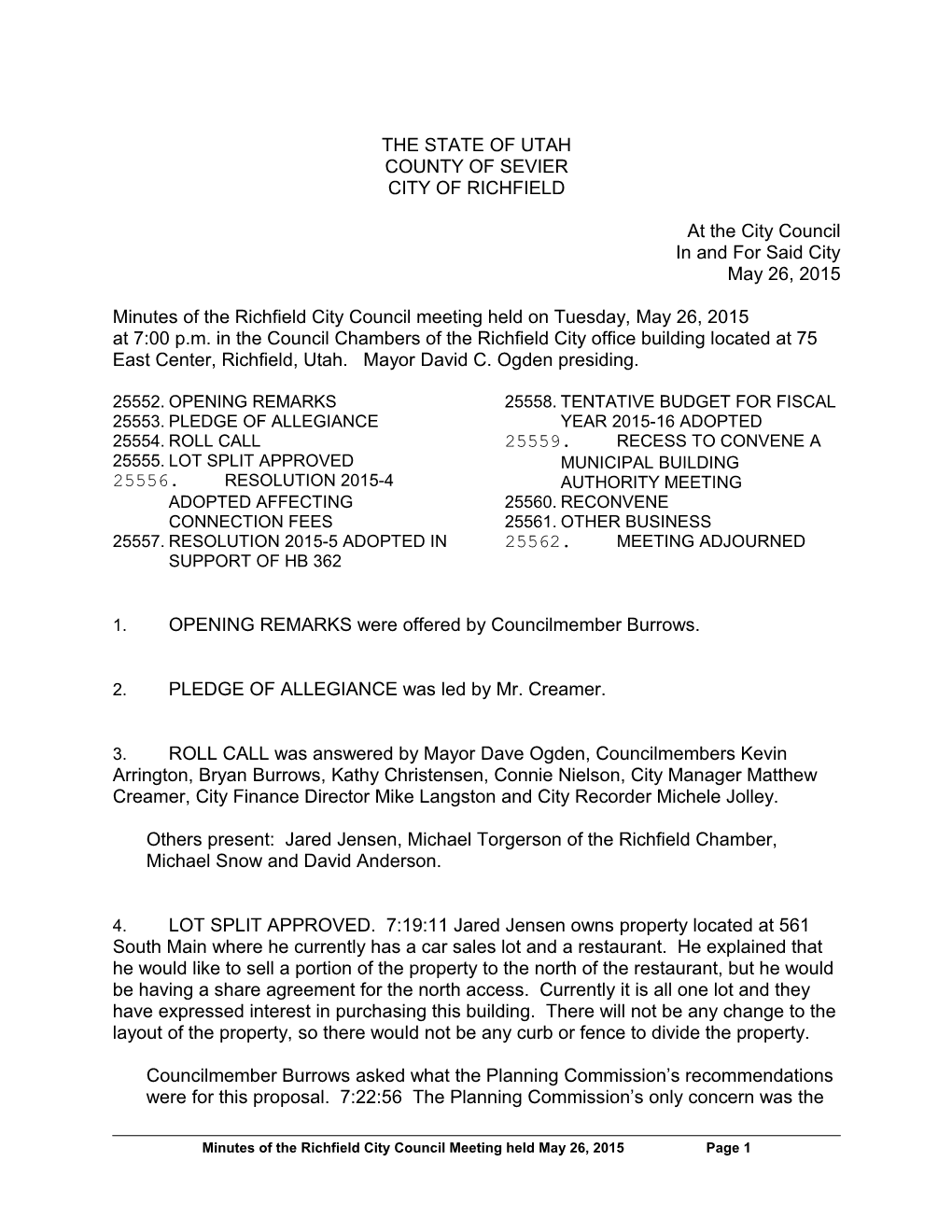 Special Council Meeting on Tuesday, May 26, 2015 in the Council Chambers, Richfield City