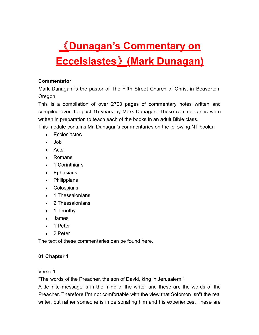 Dunagan S Commentary on Eccelsiastes (Mark Dunagan)