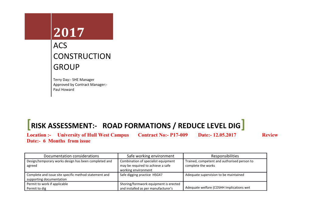 RISK ASSESSMENT:- Road Formations / REDUCE LEVEL DIG