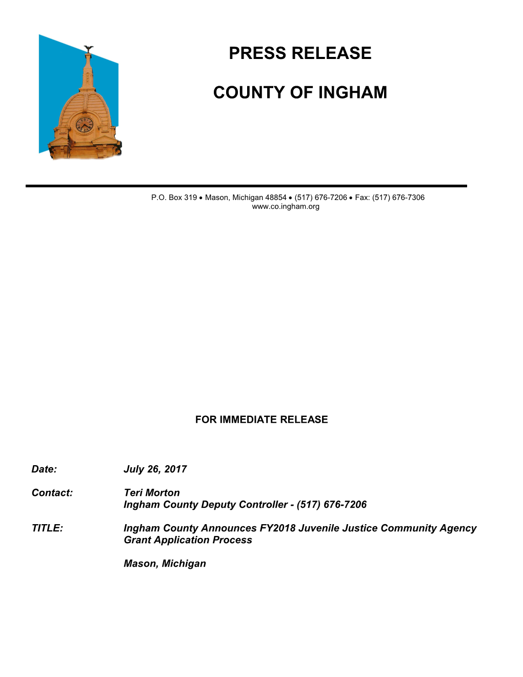 Ingham County Deputy Controller - (517) 676-7206