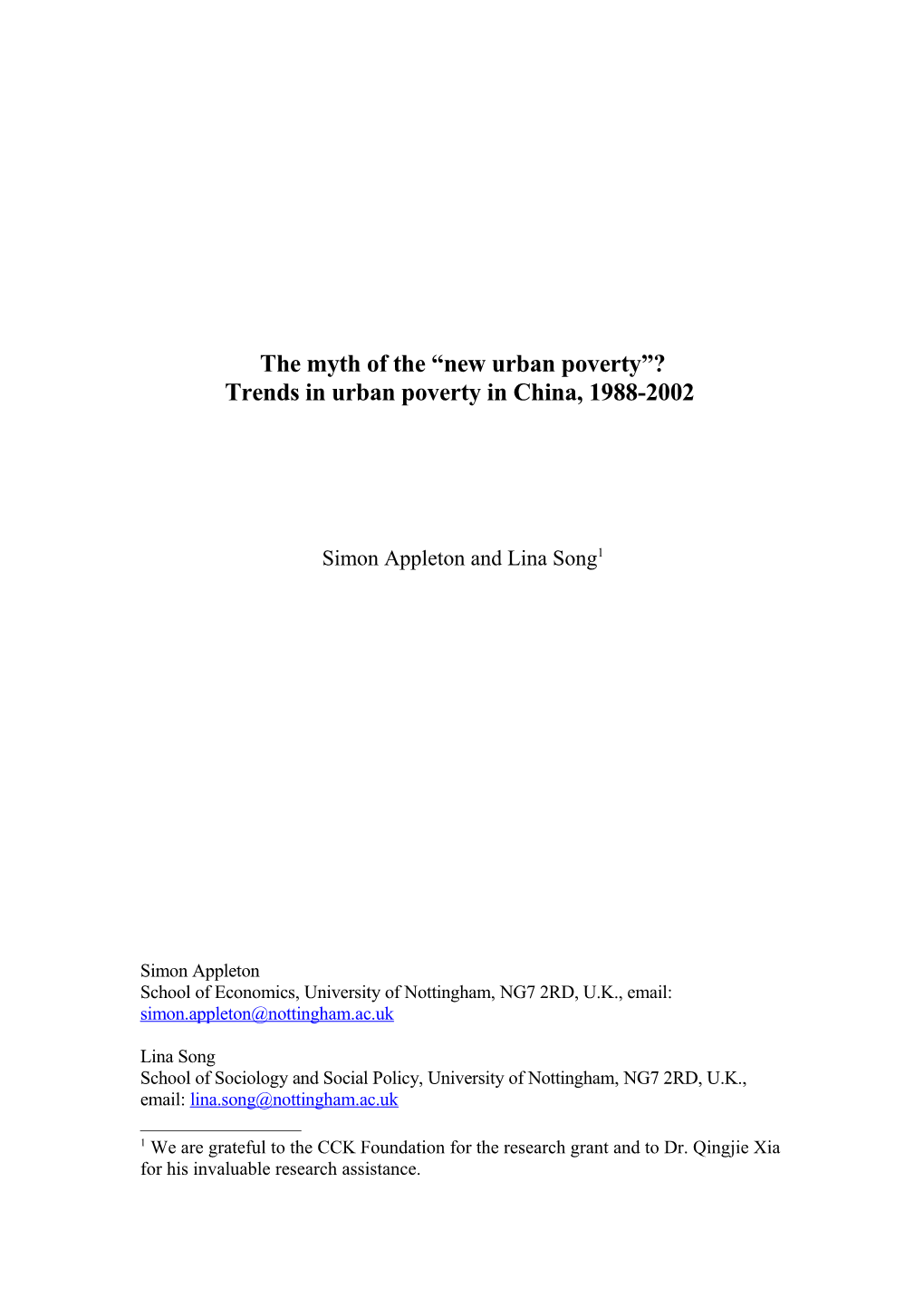 Trends in Urban Poverty, 1988-2002