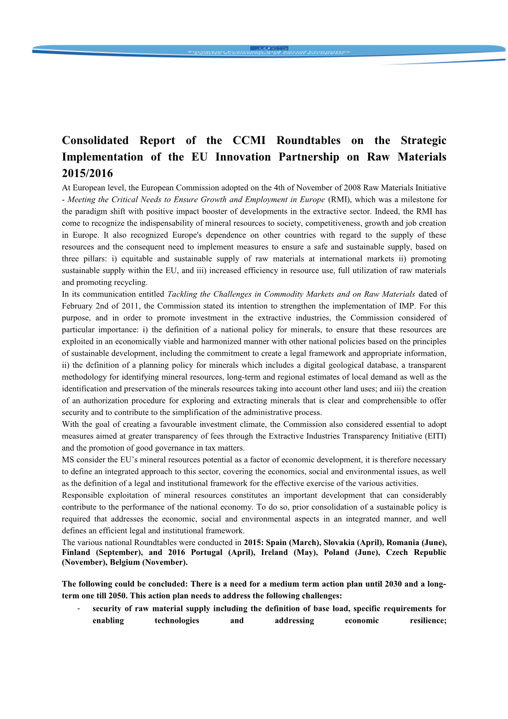 Consolidated Report of the CCMI Roundtables on the Strategic Implementation of the EU