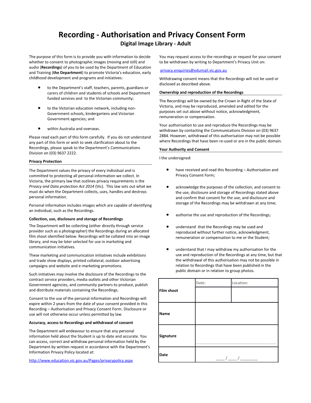 Contract Service Provider Privacy Consent Form