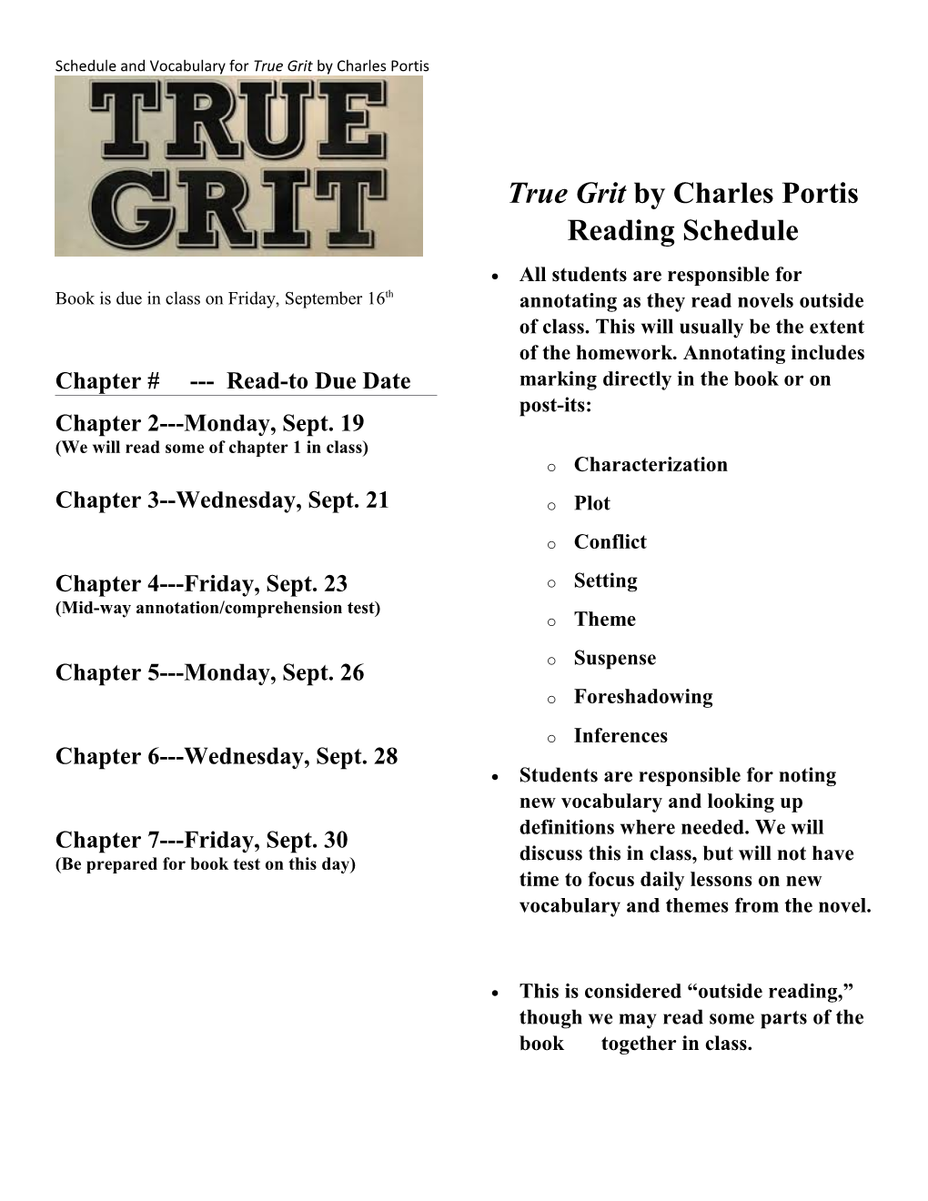 Schedule and Vocabulary for True Grit by Charles Portis