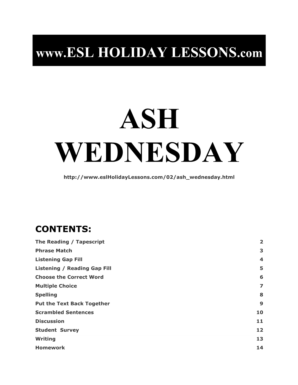 Holiday Lessons - Ash Wednesday