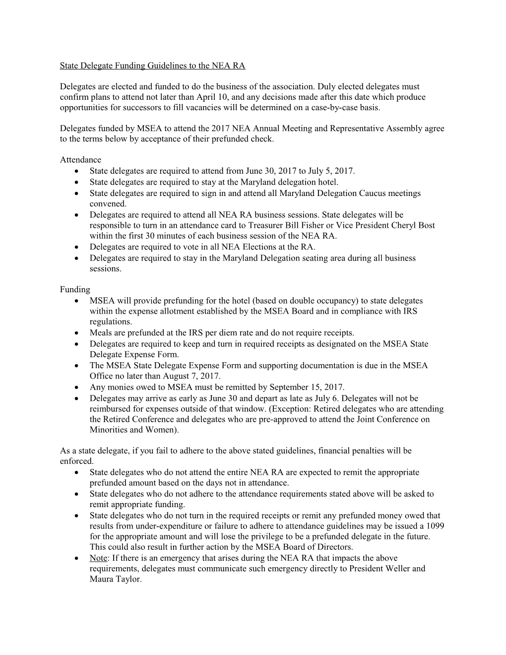 State Delegate Funding Guidelines to the NEA RA