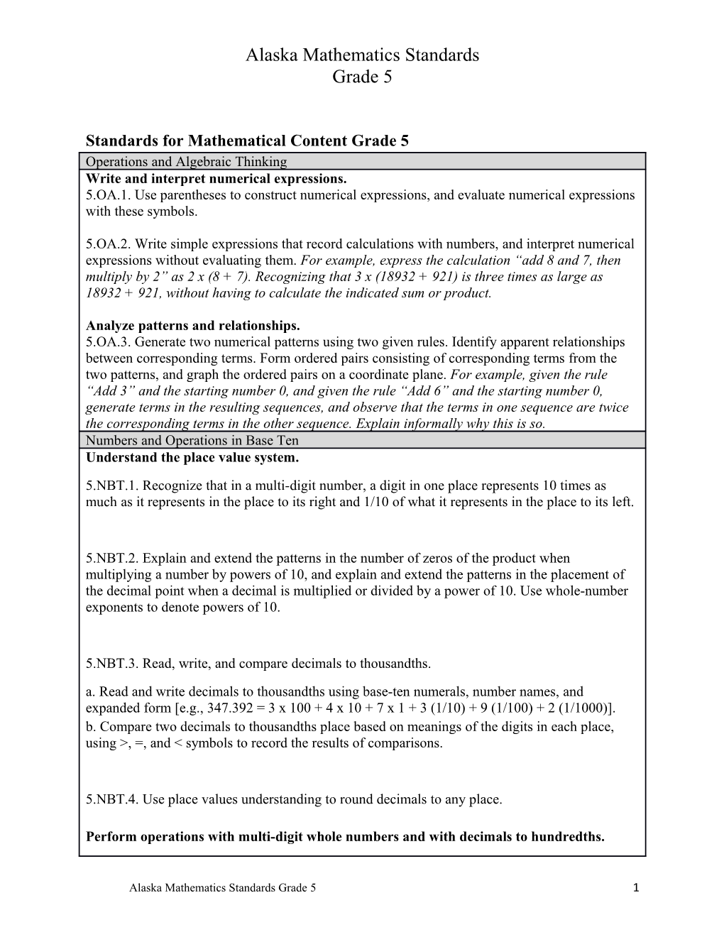 Standards for Mathematical Content Grade 5