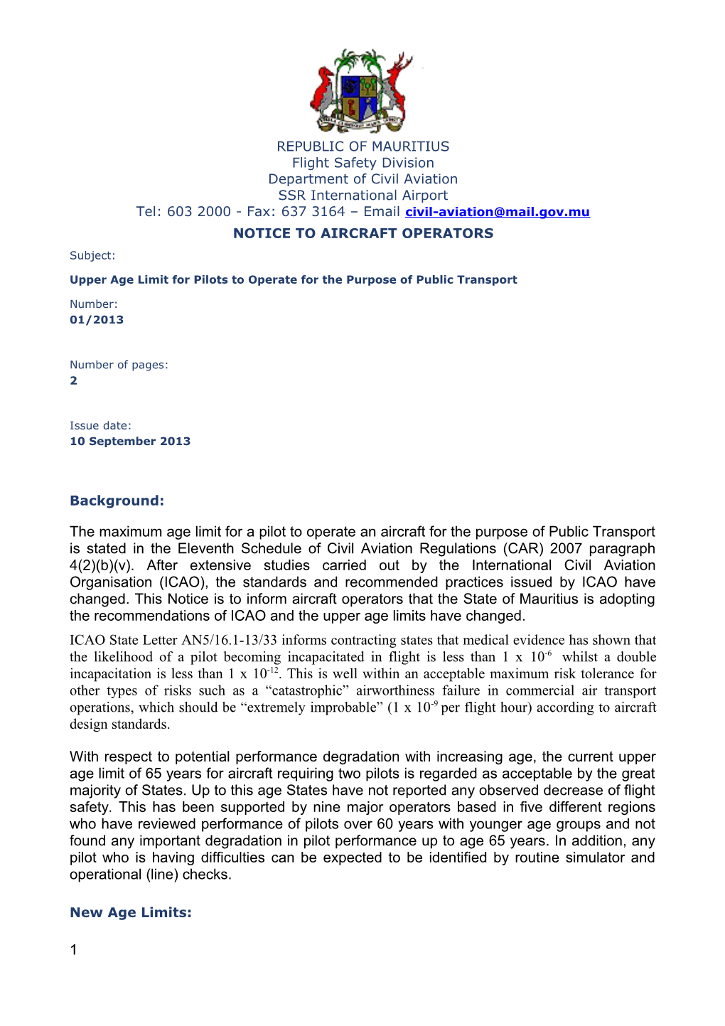 DCA Notice to Aircraft Operators 01/2013