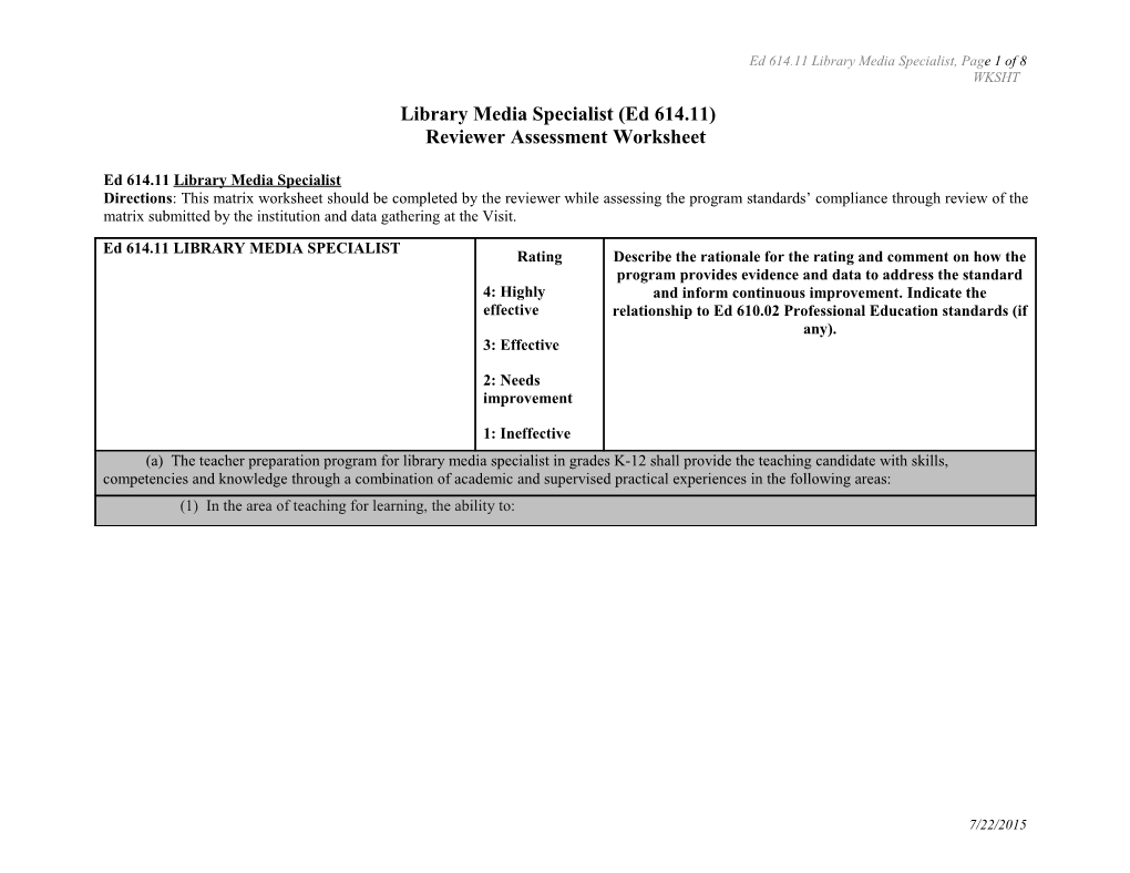 Ed 614.11 Library Media Specialist, Page 1 of 8