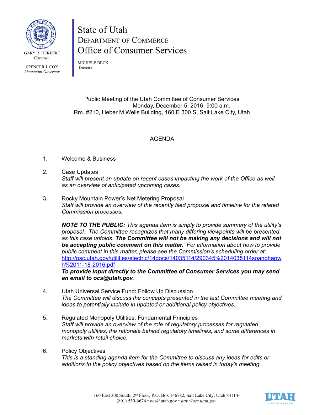 Public Meeting of the Utah Committee of Consumer Services
