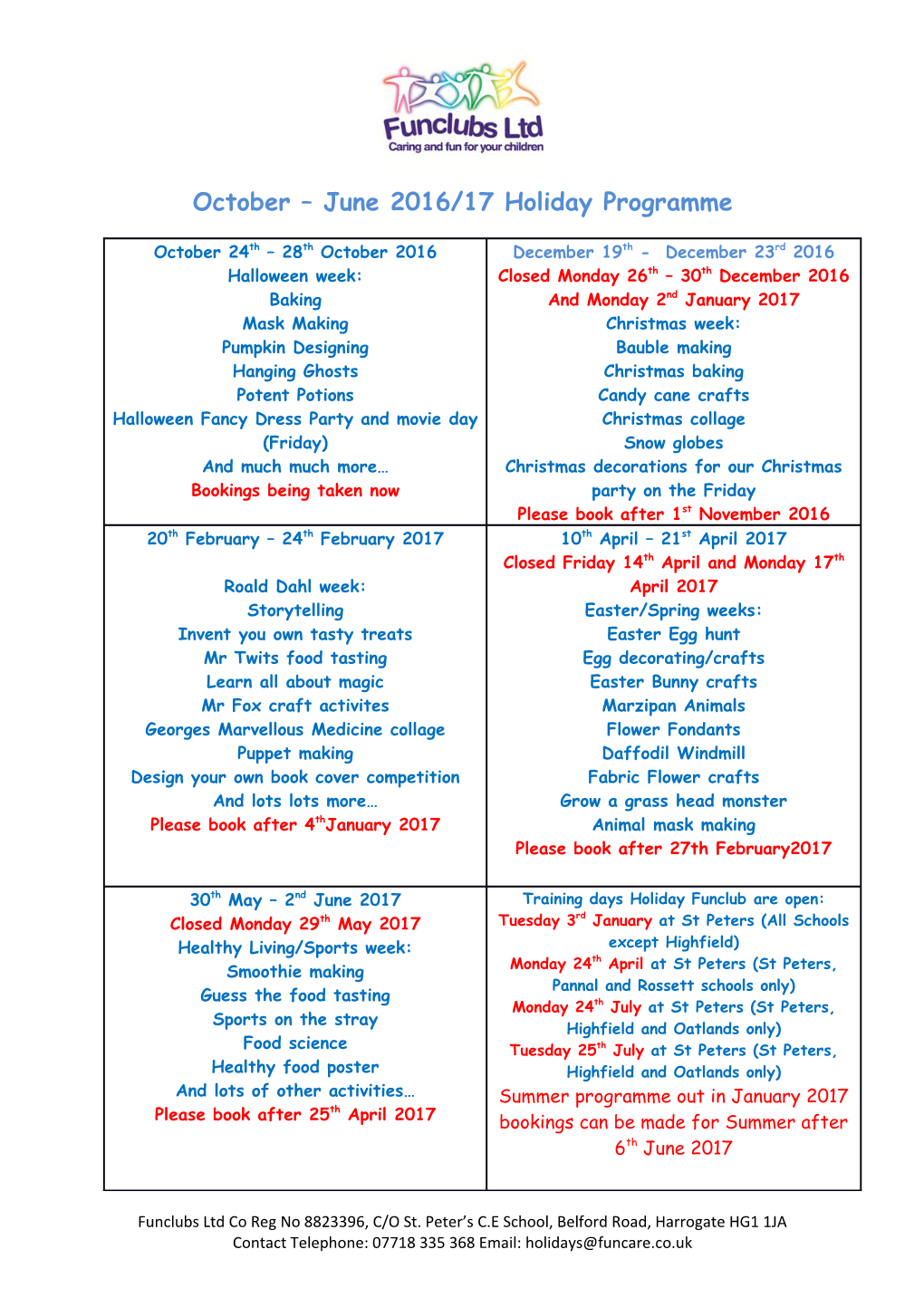 October June 2016/17 Holiday Programme