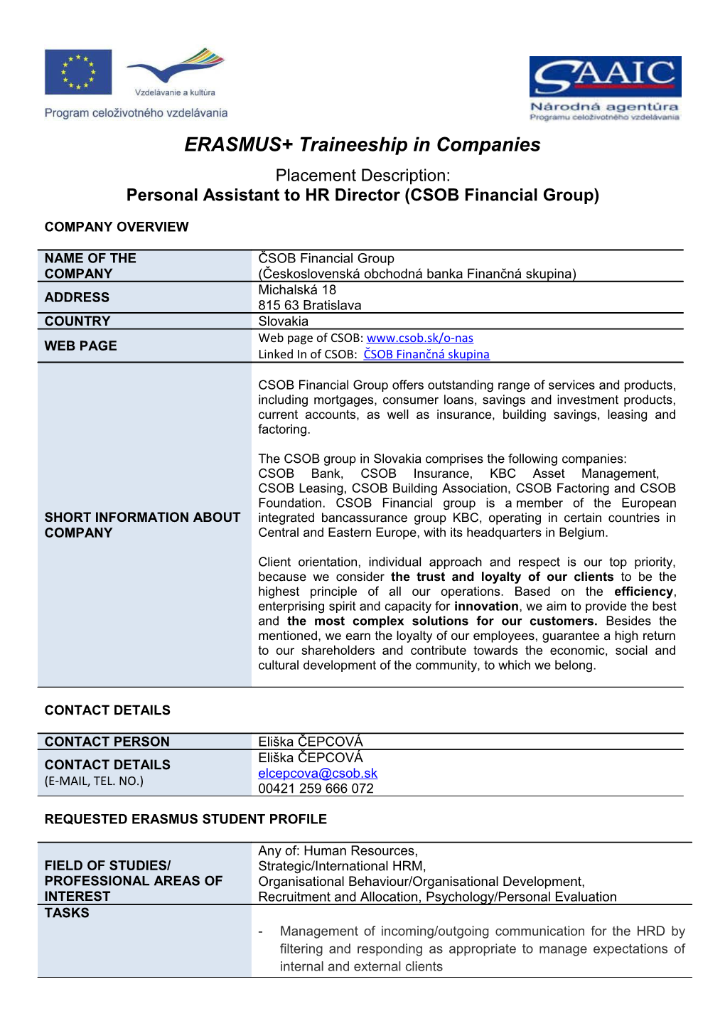 Personal Assistant to HR Director (CSOB Financial Group)