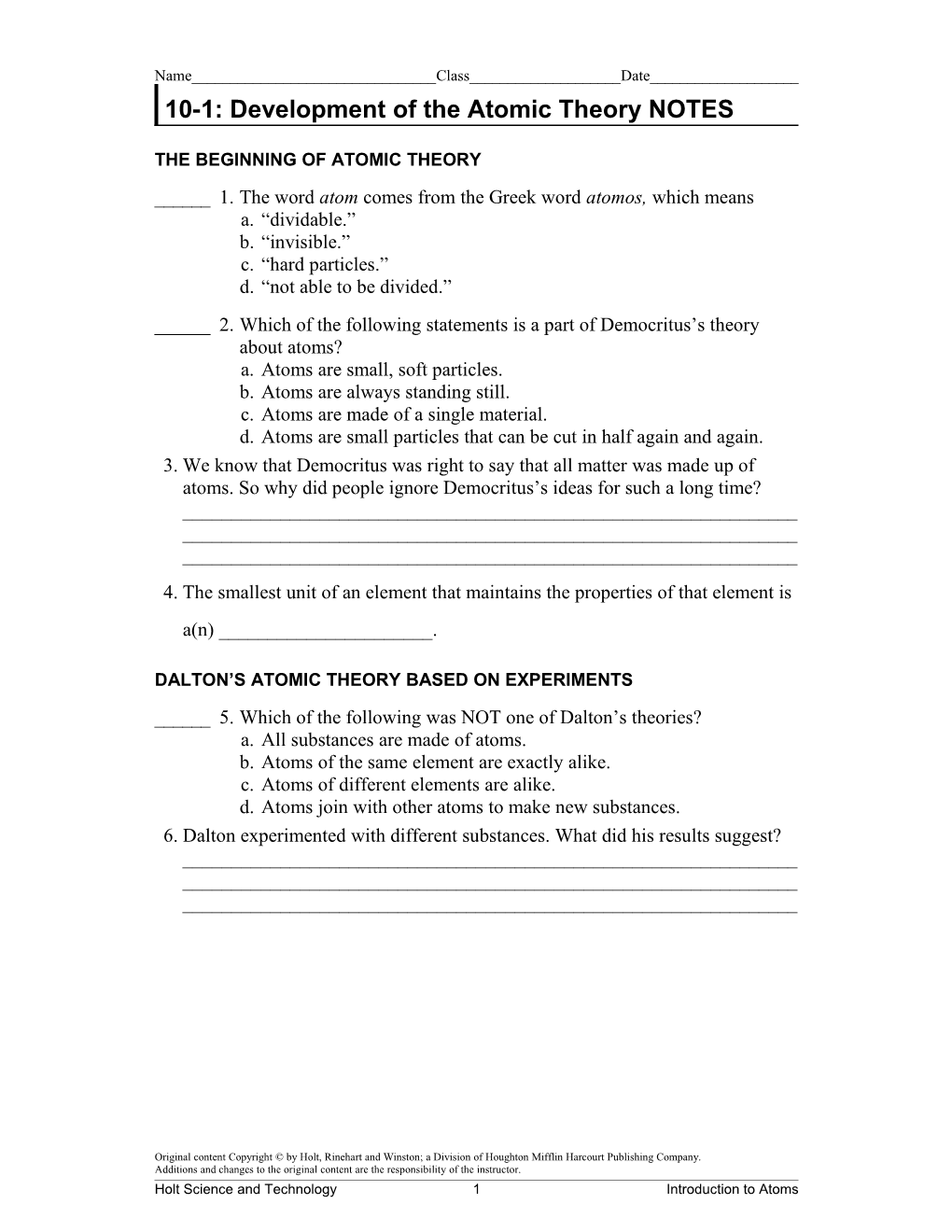 10-1: Development of the Atomic Theory NOTES