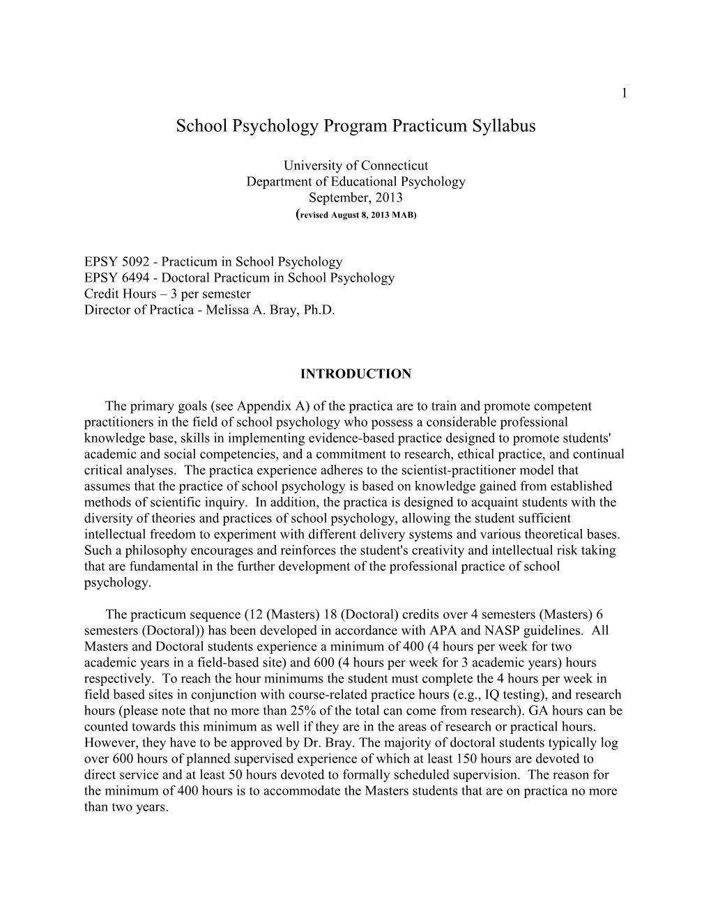 School Psychology Program Practicum Syllabus