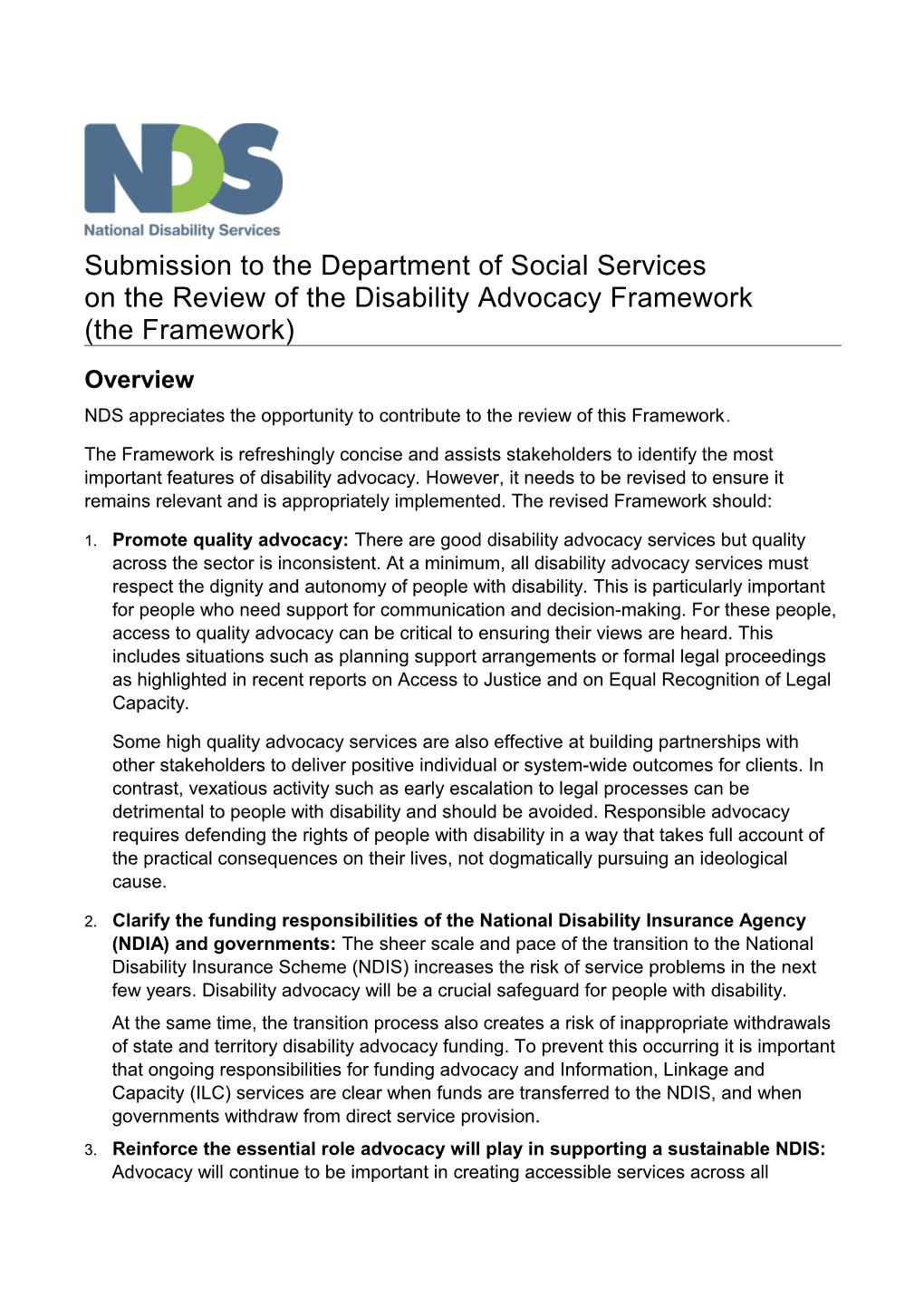 National Disability Services: Submission on the Disability Advocacy Framework