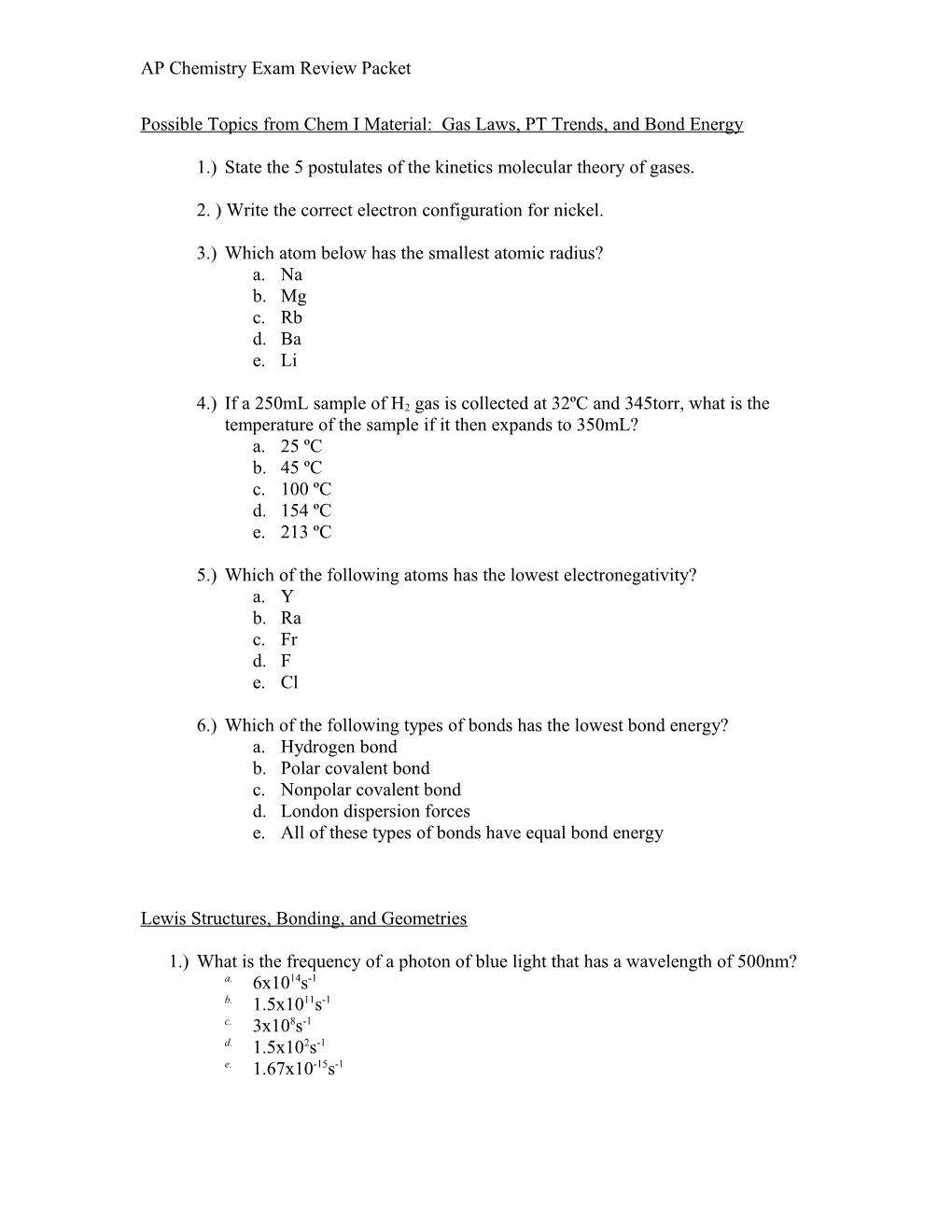 AP Chemistry Exam Review Packet
