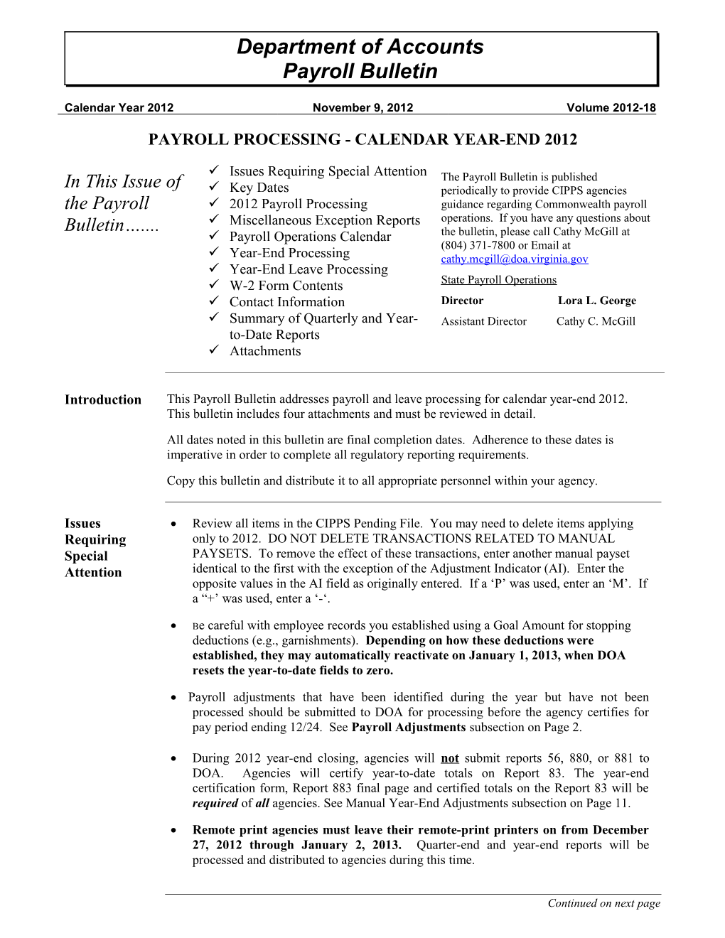 Payroll Bulletin - Calendar Year-End 2012