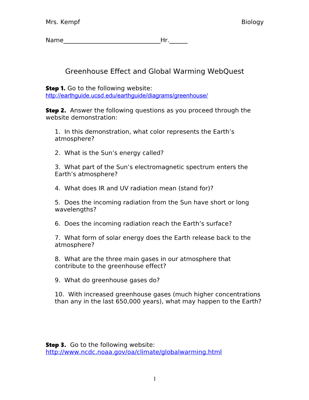 Greenhouse Effect and Global Warming Webquest