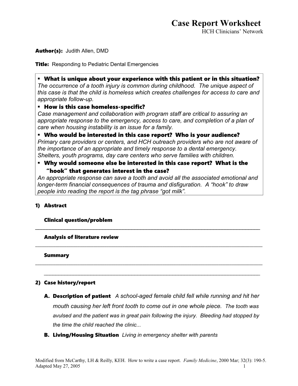 Case Report Worksheet (Content of a Case Report)