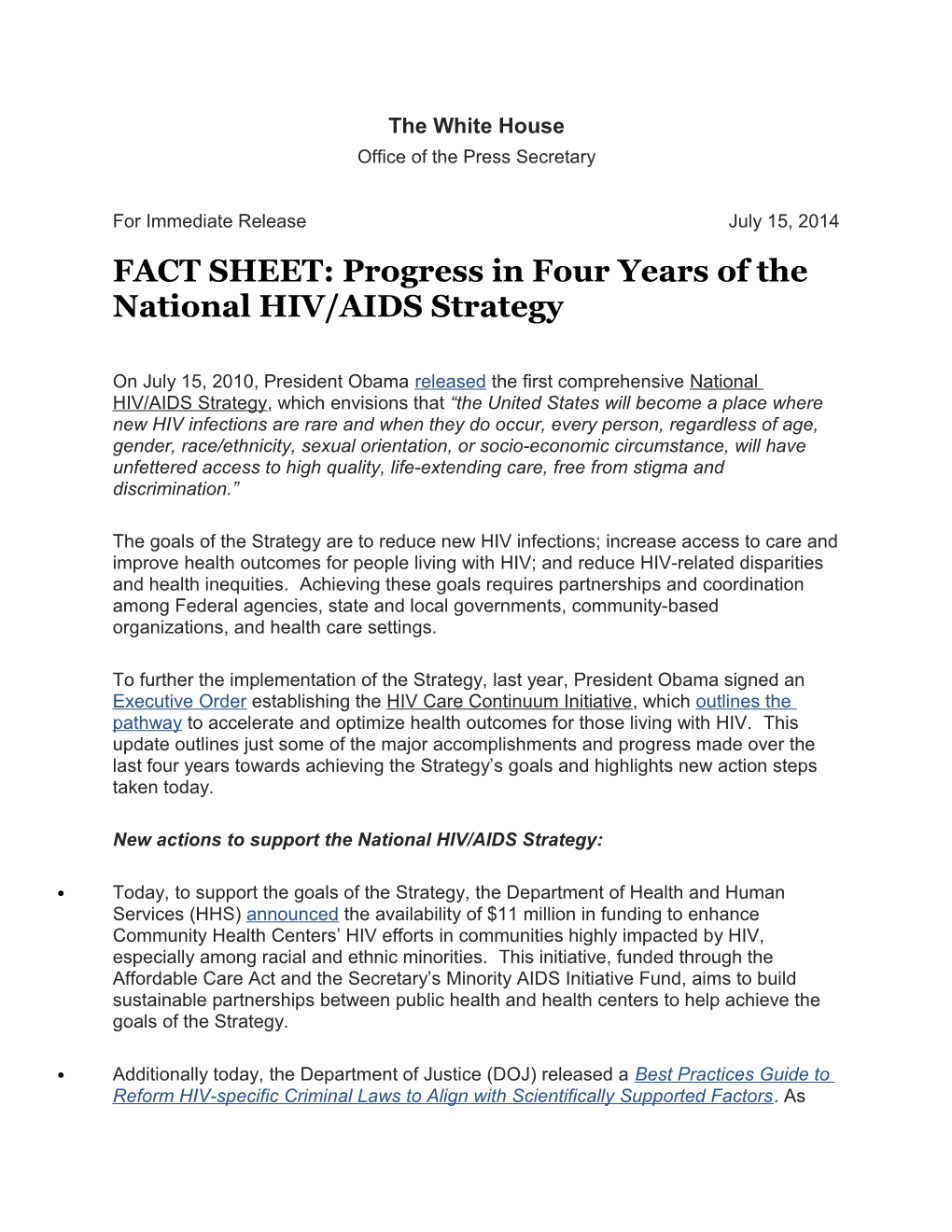 FACT SHEET: Progress in Four Years of the National HIV/AIDS Strategy