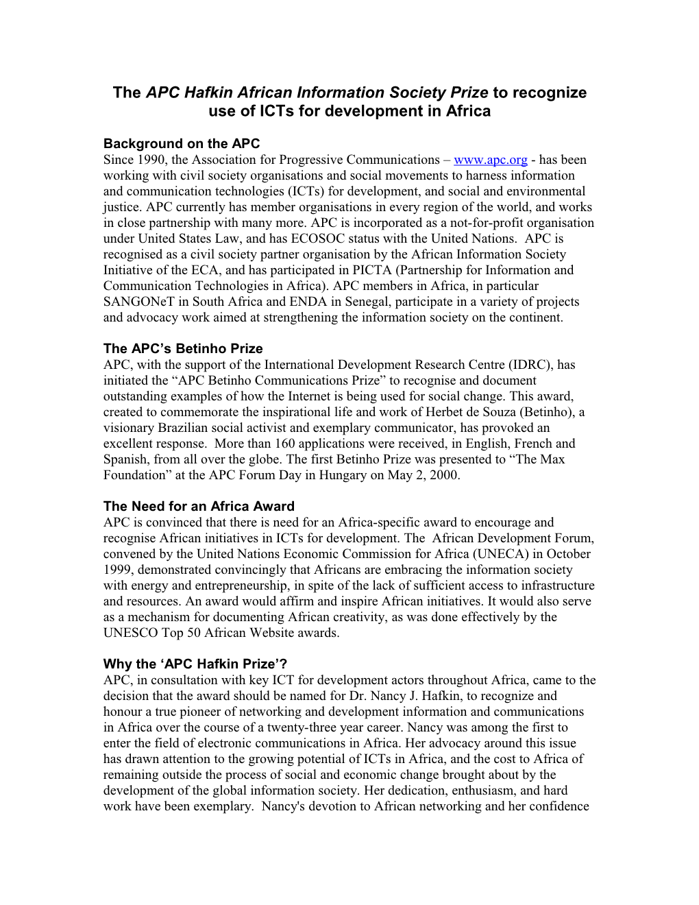 The APC Hafkin African Information Society Prize to Recognize Use of Icts for Development