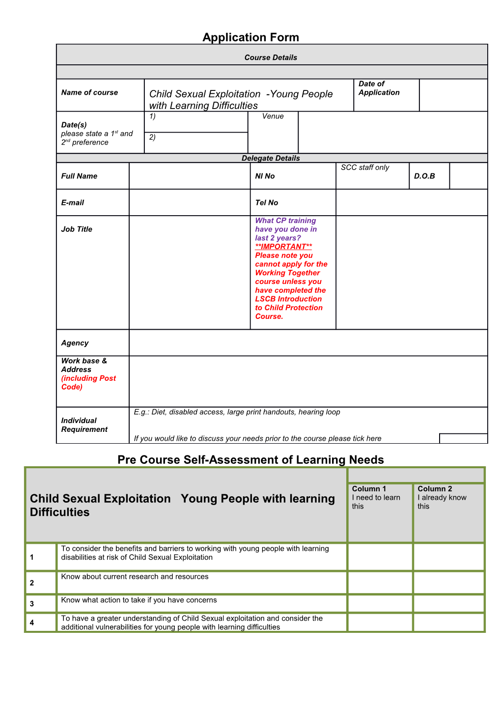 Pre Course Self-Assessment of Learning Needs