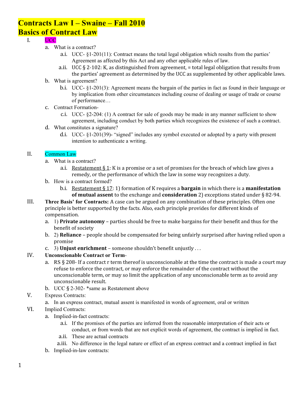 Contracts Law I Swaine Fall 2010