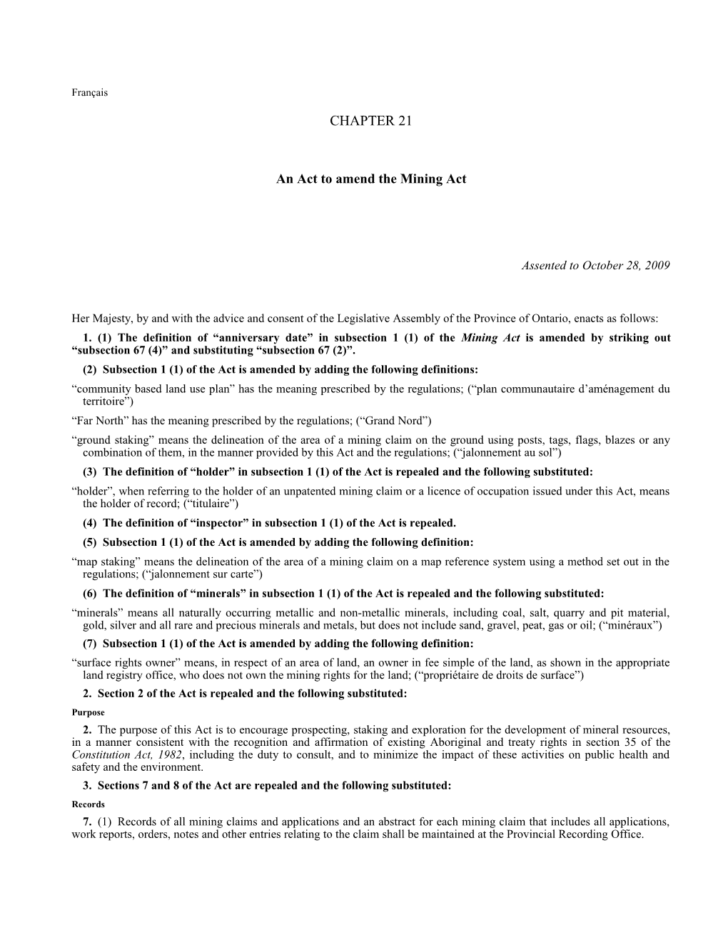 Mining Amendment Act, 2009, S.O. 2009, C. 21 - Bill 173