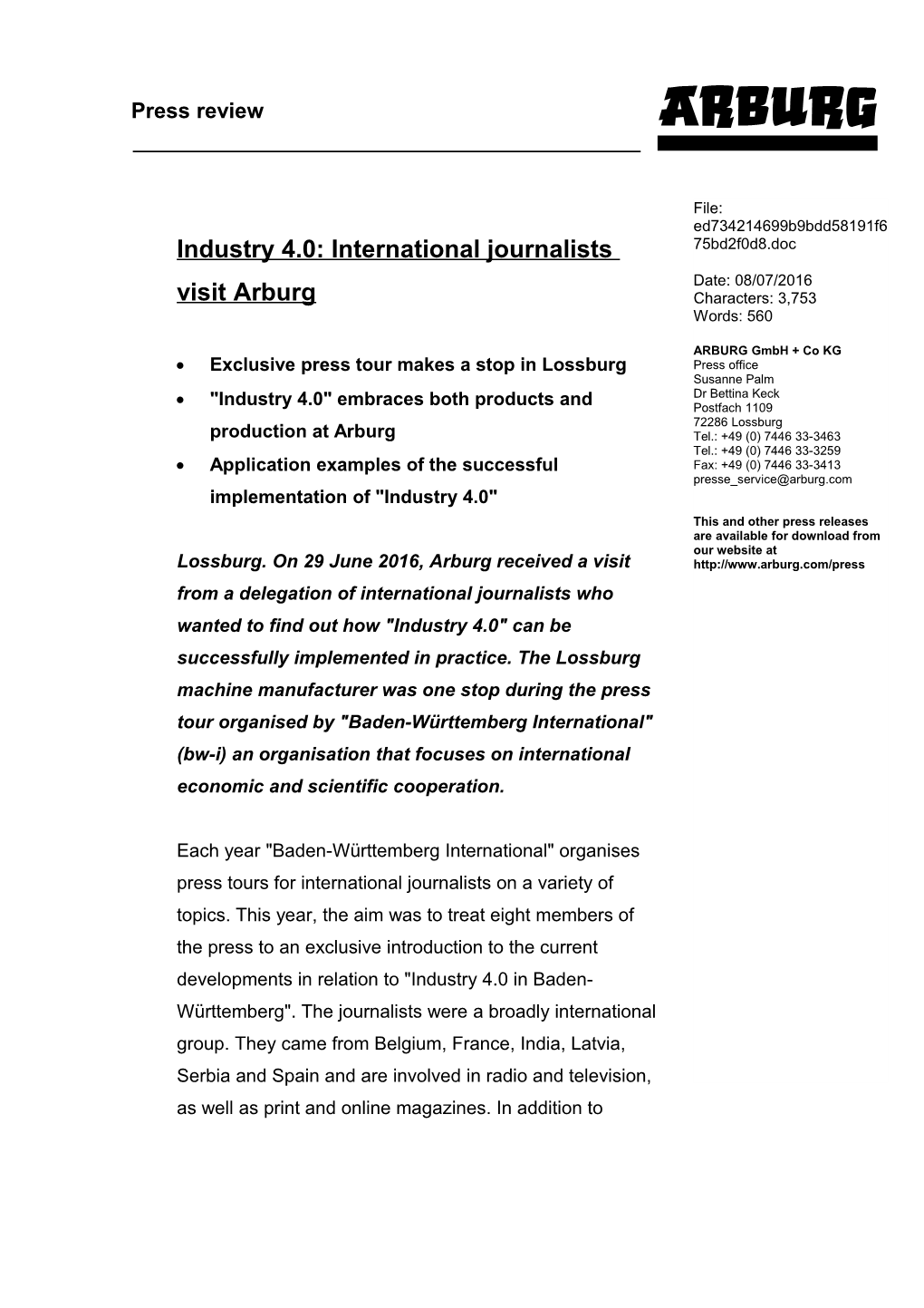 Industry 4.0: International Journalists Visit Arburg